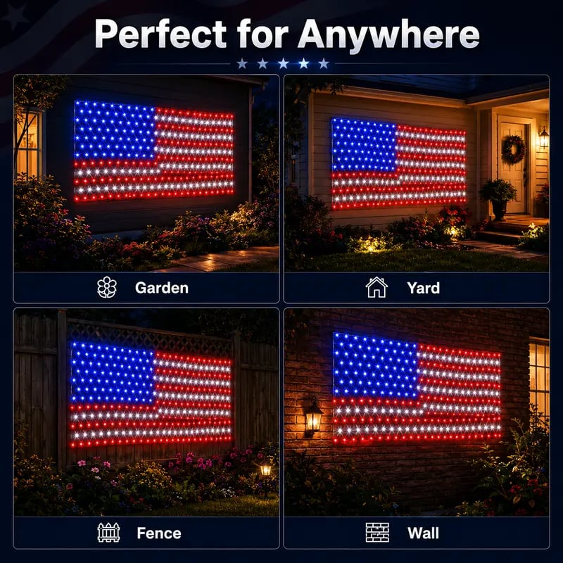 Solar American Flag LED Net Lights | 420 LEDs, 6.5×3.3 ft | Outdoor Patriotic Decor