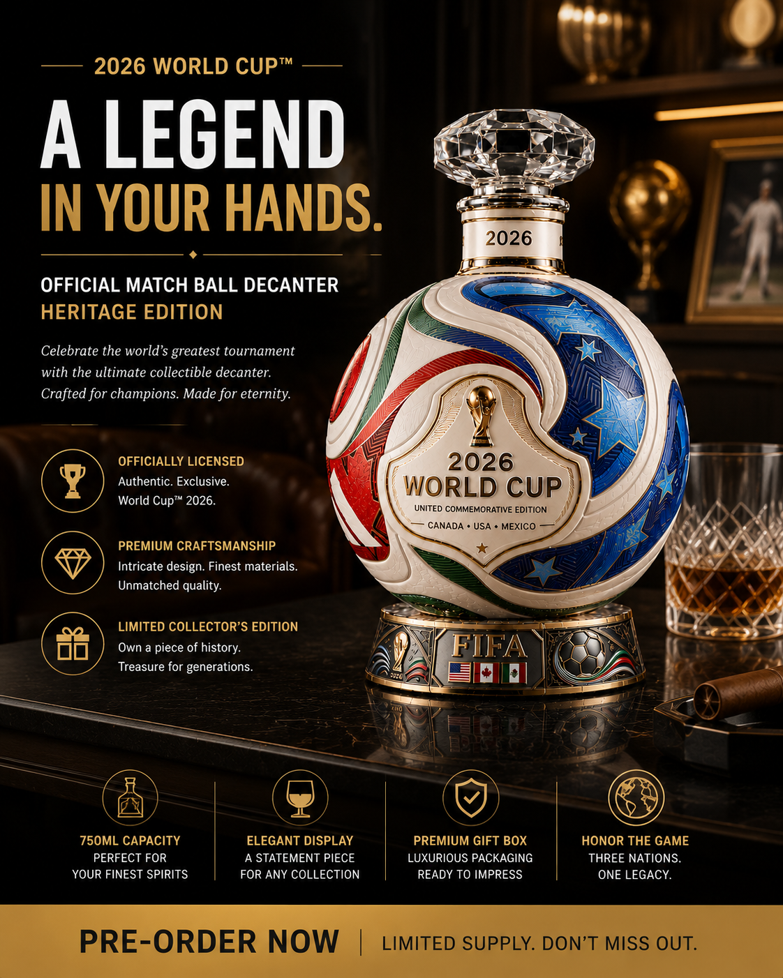 Own the Glory: 2026 World Cup Official Match Ball Decanter – Heritage Edition ⚽