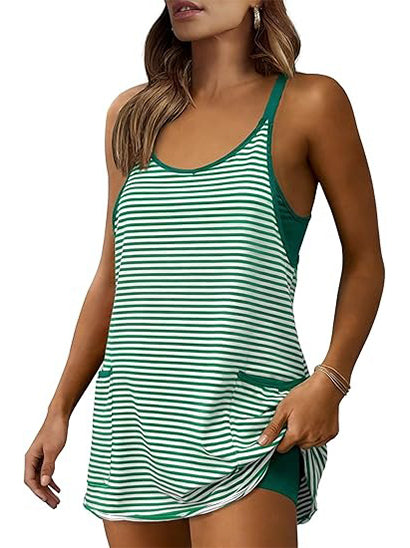 2026 Women's Striped V-Neck Tennis Dress with Built-in Shorts