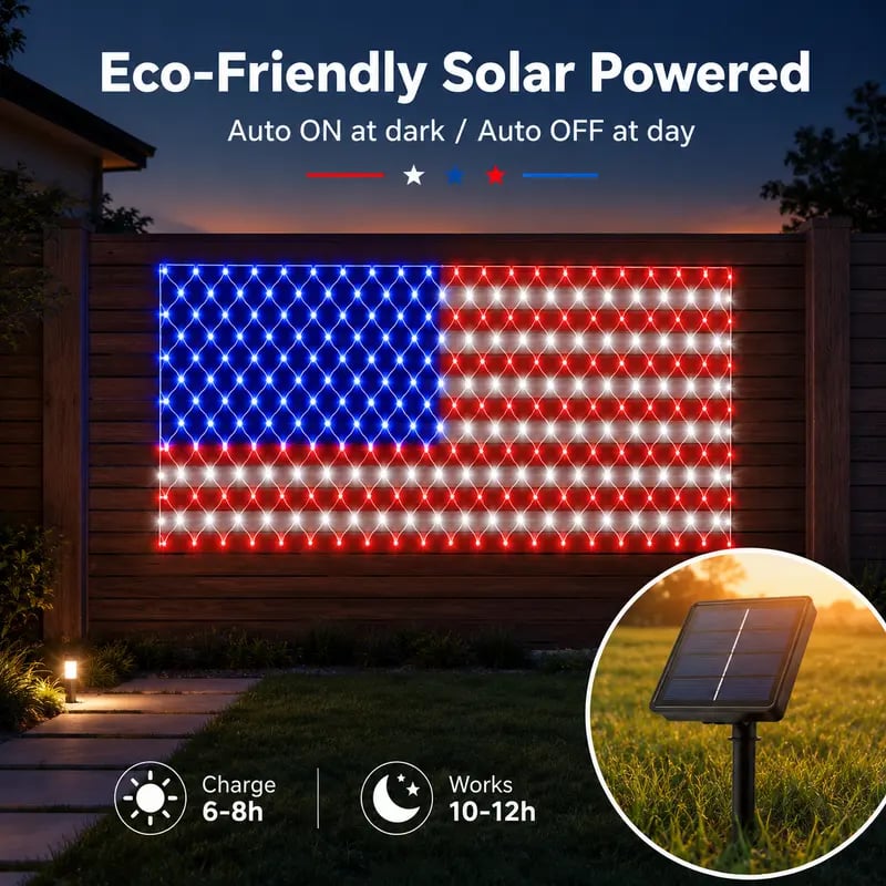 Solar American Flag LED Net Lights | 420 LEDs, 6.5×3.3 ft | Outdoor Patriotic Decor