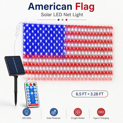 Solar American Flag LED Net Lights | 420 LEDs, 6.5×3.3 ft | Outdoor Patriotic Decor