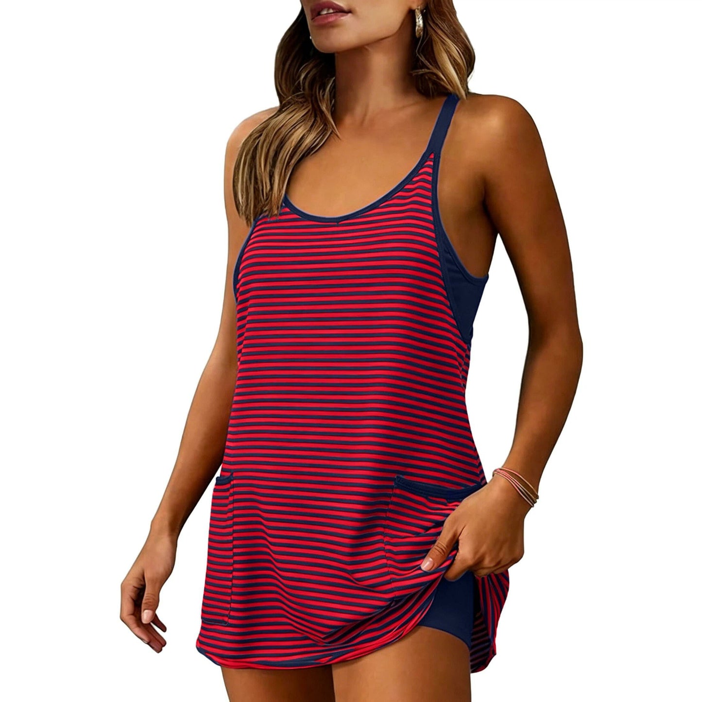 2026 Women's Striped V-Neck Tennis Dress with Built-in Shorts